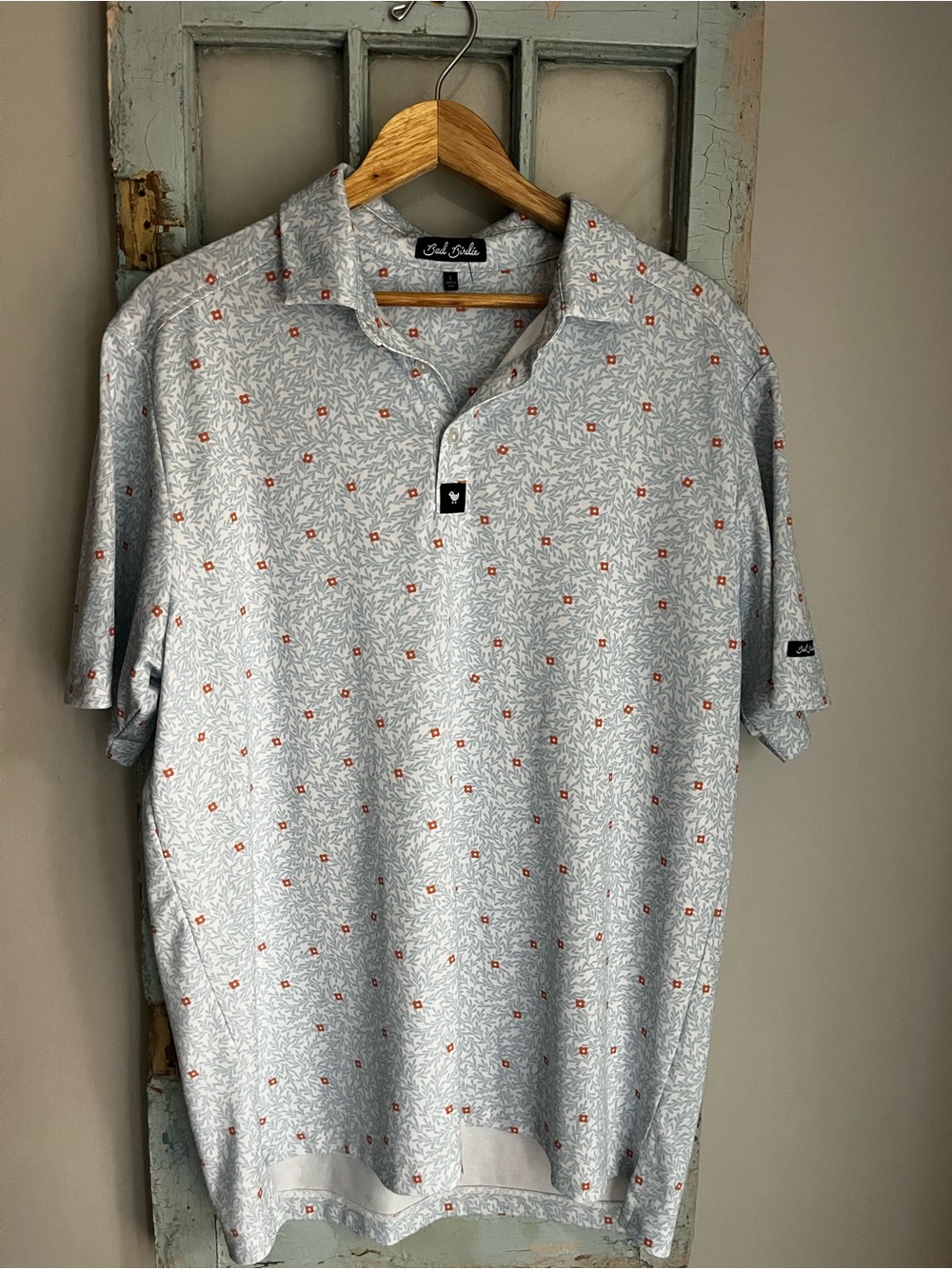 Bad Birdie Light Blue Floral-Print Golf Polo with Orange Accents size L
